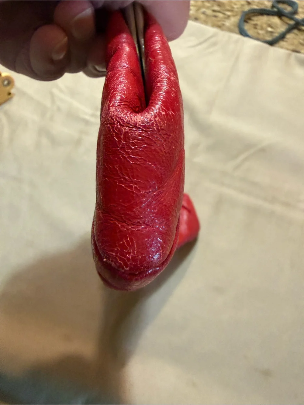 Vintage Red Leather Kiss-Lock Clutch With Chain